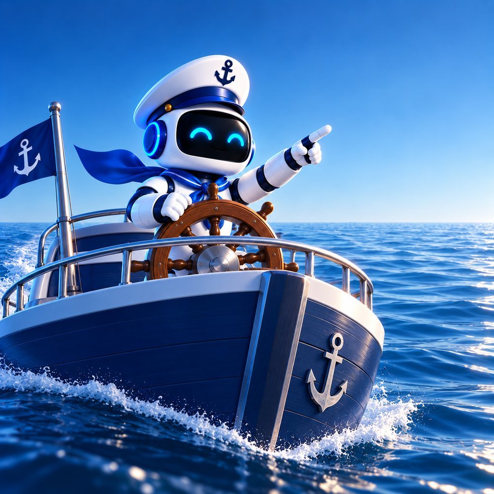 Martim apontando o caminho ao leme de um barco, em mar calmo e céu azul